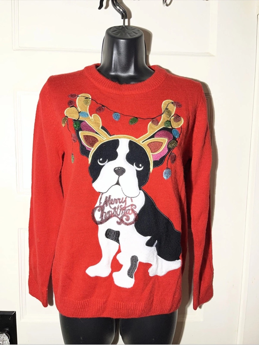 Women’s Holiday Sweater Size Small Merry Christmas Poof Red Boston Terrier